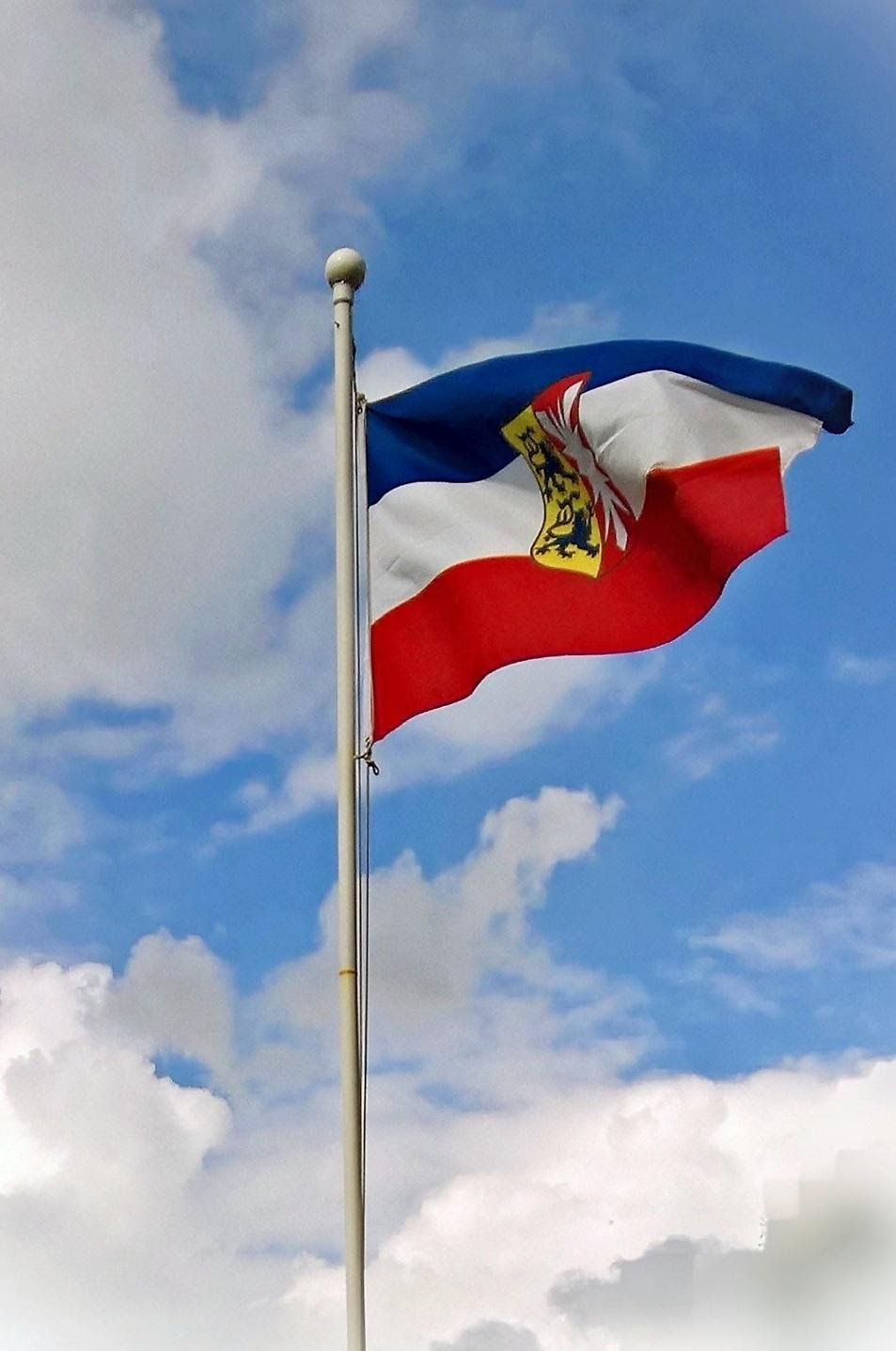 Wehende Flagge Schleswig-Holsteins vor leicht bewölktem Himmel